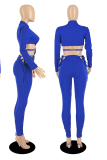 Blue Sexy Solid Draw String Half A Turtleneck Long Sleeve Two Pieces