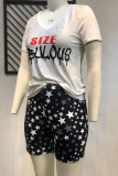 Black White Casual Street Print Ripped Patchwork V Neck Plus Size Two Pieces