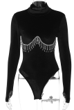 Black Sexy Patchwork Rhinestone Half A Turtleneck Skinny Bodysuits