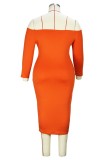 Tangerine Red Casual Letter Print With Belt Off the Shoulder One Step Skirt Plus Size Dresses