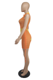 Tangerine Red Sexy Solid Mesh Pencil Skirt Dresses