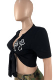 Schwarze sexy Street Solid bestickte Verband-Patchwork-T-Shirts mit V-Ausschnitt