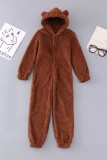 Coffee Casual Living Solid Patchwork Hooded Collar Regular Jumpsuits