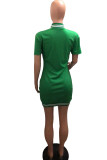 グリーン カジュアル ソリッド 刺繍 パッチワーク バックル ストレート ドレス
