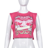 T-shirts décontractés à col rond asymétrique patchwork imprimé rue rose