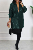 Tintengrünes, lässiges Hemdkleid mit Patchwork-Pailletten und Hemdkragen