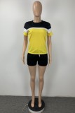 Yellow Casual Patchwork Contrast O Neck Short Sleeve Two Pieces