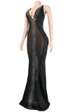 Black Sexy Patchwork Hot Drilling See-through Backless Spaghetti Strap Long Dress