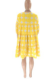 Gele Casual Sweet Print Patchwork O-hals A-lijn jurken