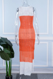 Laranja sexy casual patchwork com fenda vazada contraste decote em bico vestidos longos