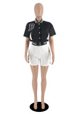 Green Fashion Casual Letter Embroidery Patchwork Short Sleeve Two Pieces
