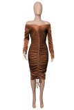 Brown Sexy Casual Solid Draw String Fold Off the Shoulder Long Sleeve Dresses