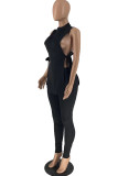 Black Fashion Casual Solid Bandage Slit Half A Turtleneck Sleeveless Two Pieces