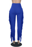 Blue Fashion Casual Solid Tassel Regular High Waist Pencil Trousers