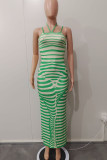 Green Sexy Striped Print Patchwork Pencil Skirt Dresses