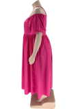 Rose Red Casual Work Elegant Solid Pocket Fold Halter A Line Plus Size Dresses
