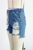 Short jeans azul claro com estampa de rua rasgado patchwork cintura alta