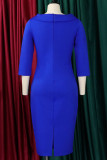 Robes de jupe une étape bleu décontracté élégant solide patchwork col en V