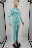 Blue Sportswear Print Letter Hooded Collar Long Sleeve Two Pieces