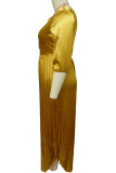 ゴールドエレガントな固体パッチワークドローストリングフォールド斜め襟ワンステップスカートプラスサイズのドレス