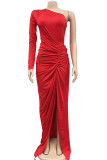 Rose rood sexy solide patchwork vouw schuine kraag lange jurk jurken