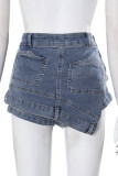 Blue Street Solid Patchwork Asymmetrical High Waist Regular Spliced Pocket Skinny Denim Mini Skirts