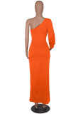 Orange Sexy Formal Solid Backless Slit Oblique Collar Long Sleeve Dresses