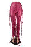 Pantaloni a matita a vita alta regolari con patchwork in nappa tinta unita casual alla moda rosso rosa