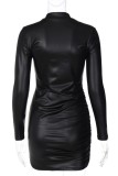 Black Sexy Solid Fold Basic Half A Turtleneck Long Sleeve Dresses