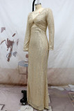 Шампанское Сексуальные однотонные выдолбленные блестки Пэчворк с разрезом V-образным вырезом Вечернее платье Платья