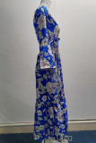 Blå Casual Print Patchwork V-hals raka klänningar