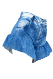 Shorts jeans azul royal casual estampa patchwork com babados cintura alta