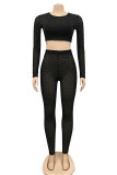 Black Sexy Patchwork Hot Drilling See-through Contrast O Neck Long Sleeve Two Pieces
