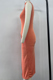 Orange Elegant Solid High Opening Fold Turtleneck Wrapped Skirt Dresses