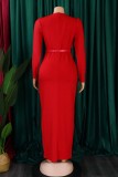 Red Casual Solid Patchwork Slit O Neck Long Dress Dresses