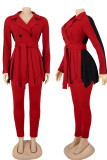 Tangerine Red Casual Solid Patchwork With Belt Turn-back Collar Long Sleeve Two Pieces