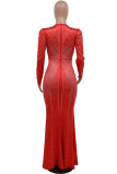Red Sexy Patchwork Hot Drilling Hot Drill V Neck Long Sleeve Dresses