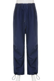 Синие повседневные уличные однотонные однотонные брюки в стиле пэчворк с карманами и заниженной талией, широкие однотонные штаны