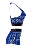 Blue Sexy Casual Print Backless U Neck Sleeveless Two Pieces