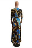 Blue Black Fashion Casual Print Bandage V Neck Long Sleeve Dresses