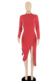Khaki Casual Solid Patchwork Asymmetrical Half A Turtleneck Irregular Dress Dresses