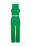Verde casual sólido básico com decote em O sem mangas duas peças