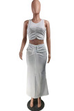 White Casual Solid Draw String Frenulum O Neck Sleeveless Two Pieces