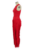Rose Red Fashion Casual Solid Tassel Patchwork O Neck Sleeveless Two Pieces