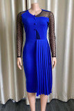Blue Casual Solid Patchwork Fold O Neck Straight Dresses