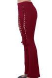 Burgundy Casual Solid Hollowed Out Skinny High Waist Conventional Solid Color Trousers