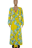 Yellow Casual Elegant Print Patchwork V Neck Straight Dresses