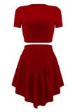 Rose Red Casual Solid Basic O Neck Short Sleeve Two Pieces