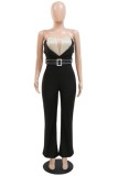 Black Sexy Casual Patchwork Hot Drilling Backless Strapless Regular Jumpsuits