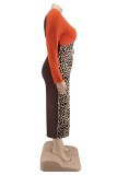 Café Moda Casual Estampa Leopard Patchwork Com Cinto O Pescoço Manga Longa Vestidos Plus Size